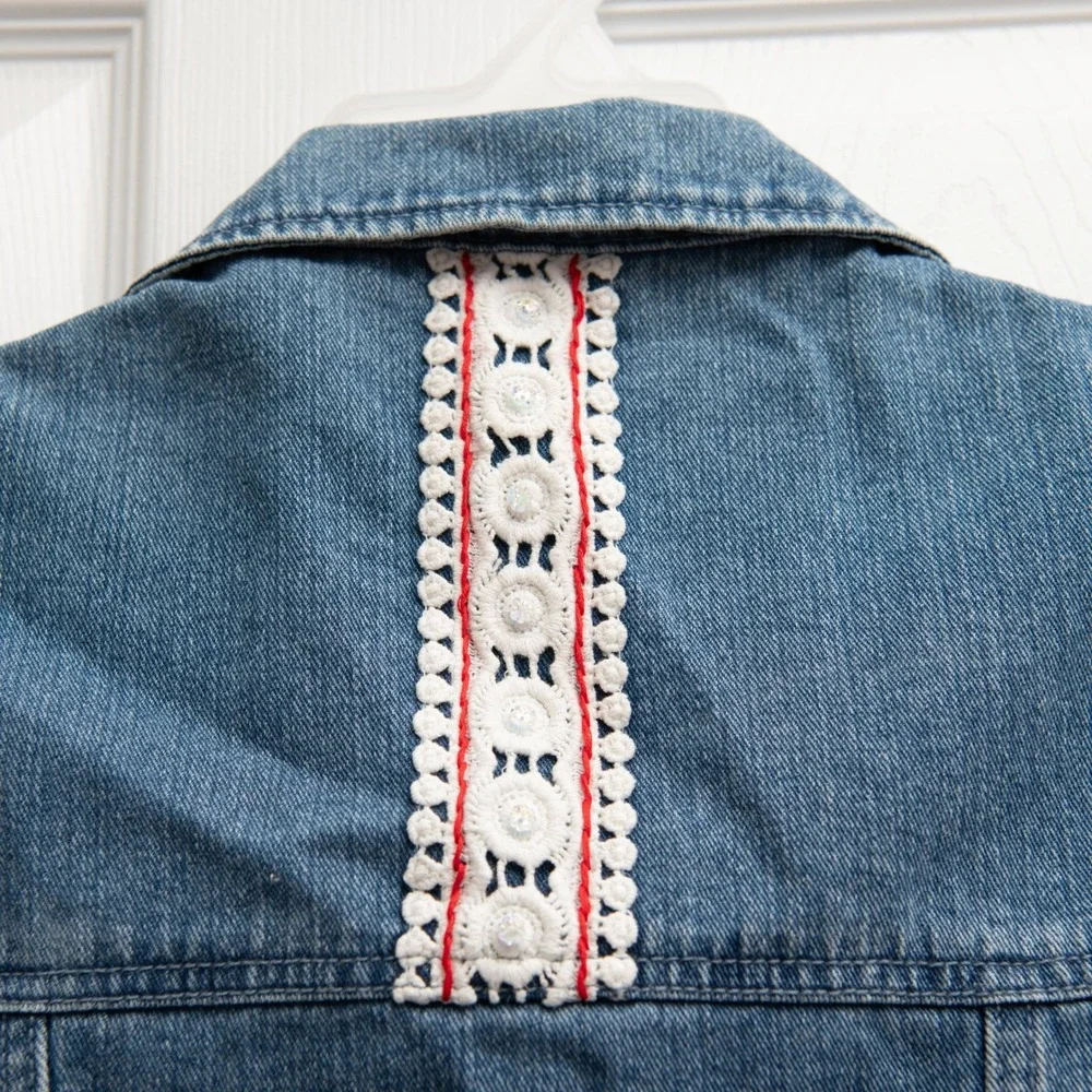 Blue Denim Vest VTG 90s Lace Trim Embroidery Boho CottageCore Western Artsy Y2K - Picture 6 of 8